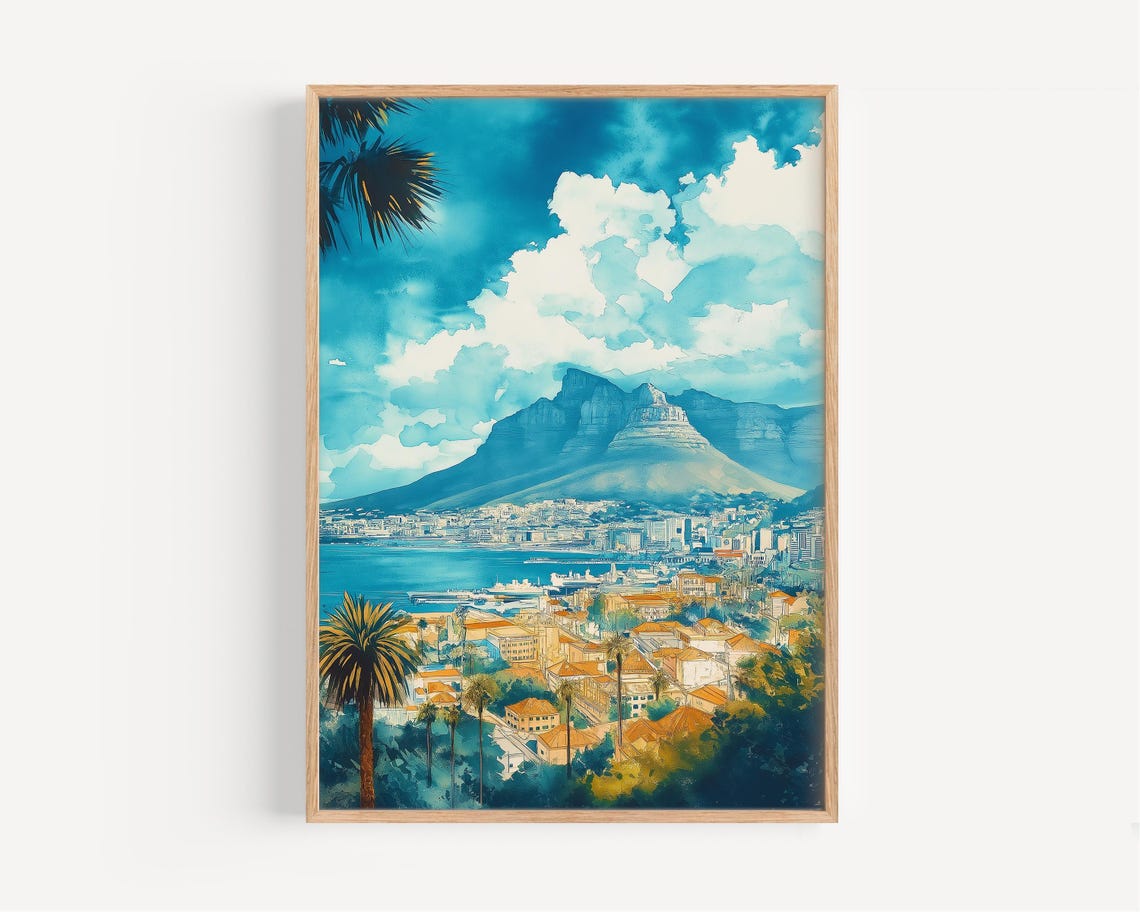 Cape Town Table Mountain Harbor Blue Watercolor Travel Poster