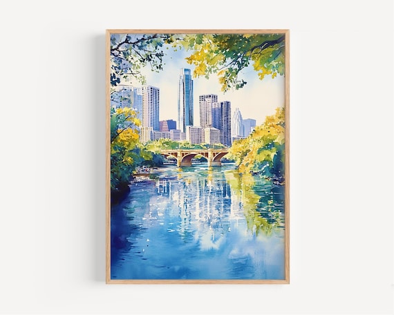 Austin Skyline River Reflection Watercolor Bridge Sunny Day Travel Poster