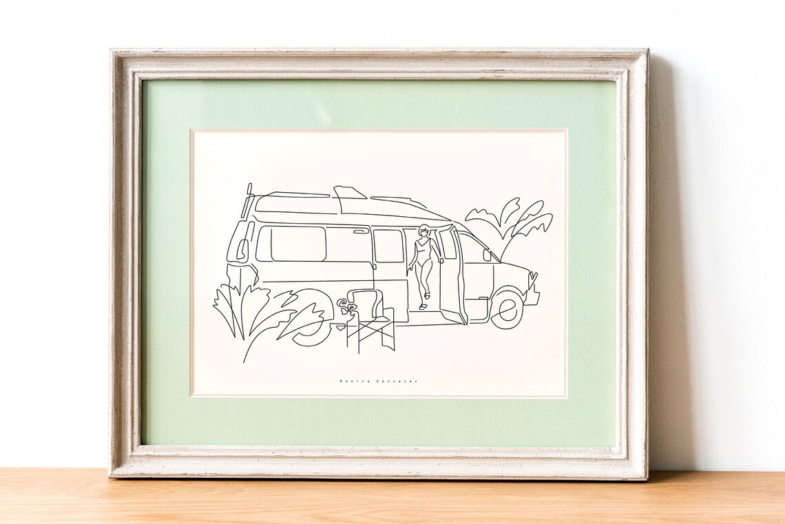 Camper Van Surf Trip Minimalist Line Art Travel Adventure Poster