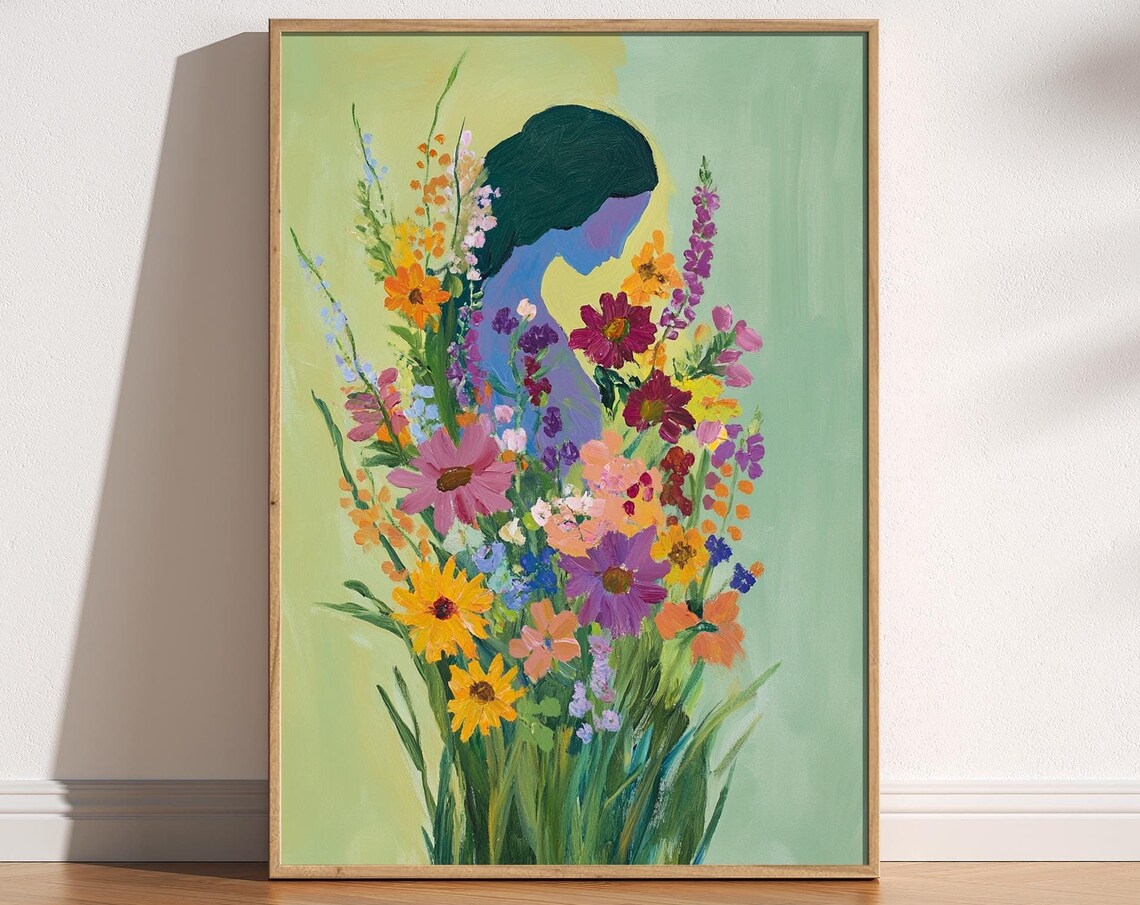Teal Woman Silhouette Wildflower Meadow Floral Art Painting Poster