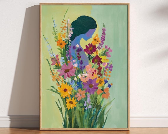 Womans Silhouette Intertwined With Wildflowers Print Femininity Within Nature Mother Earth Abstract Fauvisum Home Poster Beautiful Art