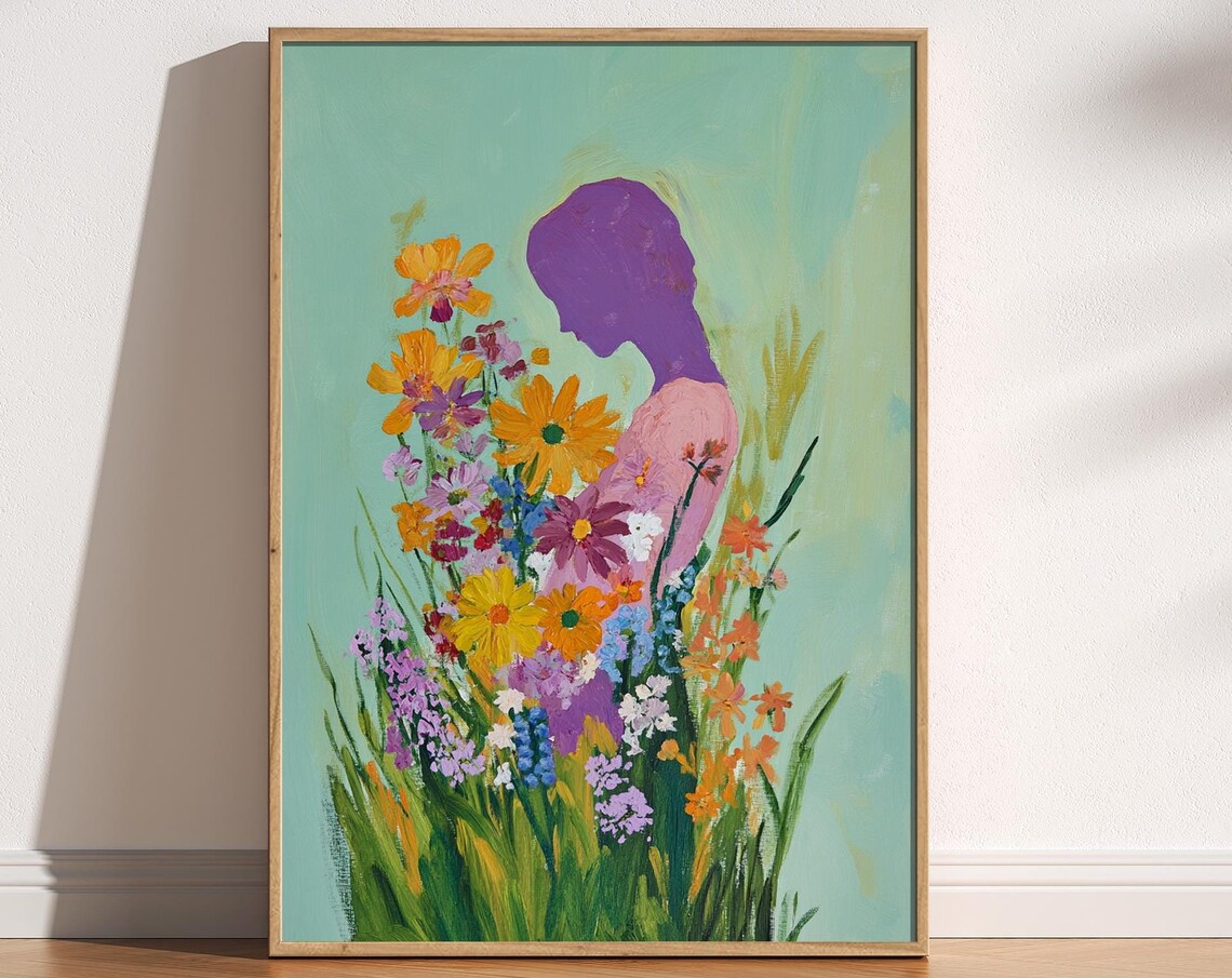 Purple Woman Silhouette Wildflower Meadow Teal Floral Art Poster