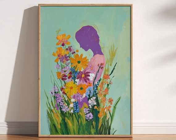 Womans Silhouette Intertwined With Wildflowers Print Femininity Within Nature Mother Earth Abstract Fauvisum Home Poster Beautiful Art
