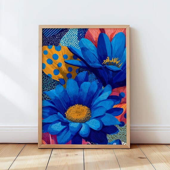Blue Daisy Art Print Bold Floral Wall Modern Botanical Poster Instant