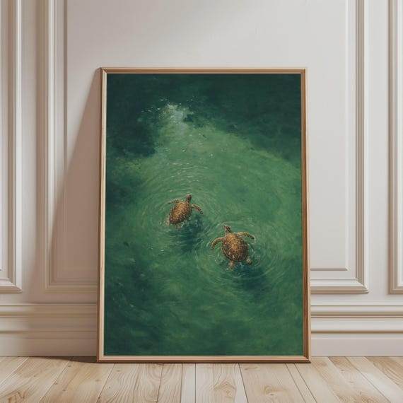 Modern Wall Art Swimming Sea Turtles Print Ocean Wildlife Painting Minimalist Animal Green Coastal Poster For Bathroom Decor