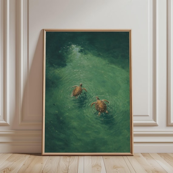 Two Sea Turtles Swimming in Green Ocean Minimalist Art Print