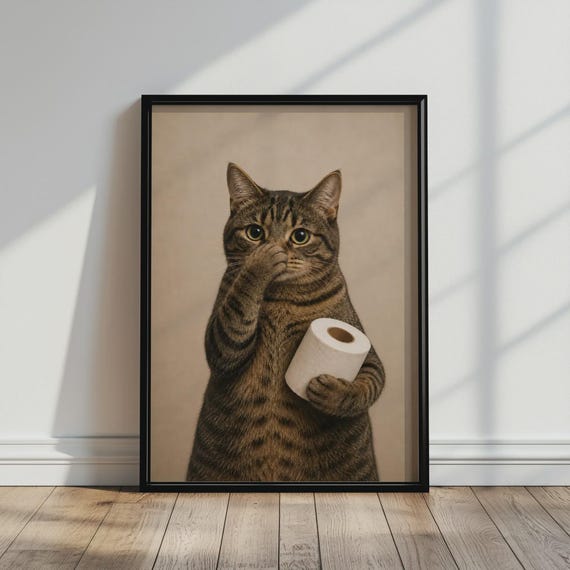 Funny Cat Bathroom Poster Tabby Toilet Paper Wall Art Quirky Decor Humorous Animal Print Lover Gift