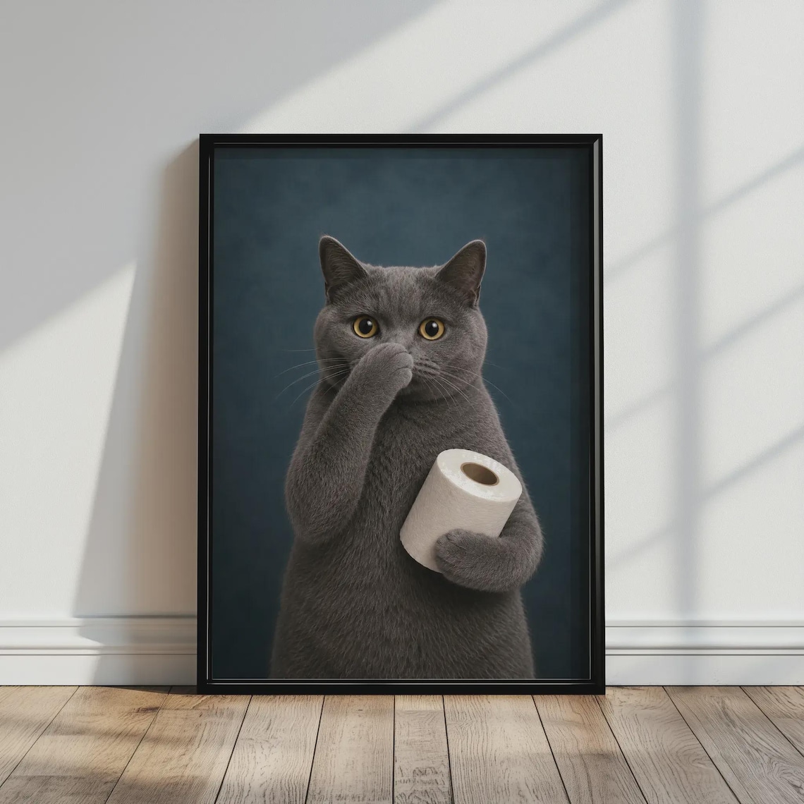 Funny Grey Cat Holding Toilet Paper Dark Teal Bathroom Quirky Poster Art