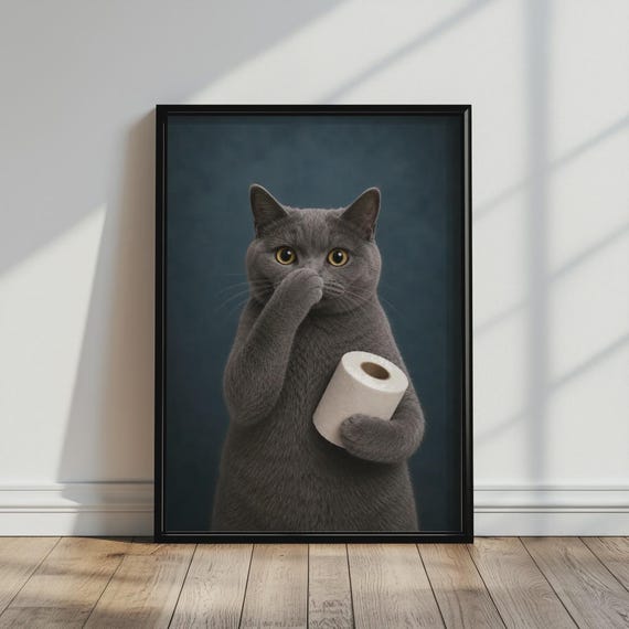 Grey Cat Bathroom Poster Funny Toilet Paper Wall Art Blue Print Quirky Powder Room Decor Lover Gift