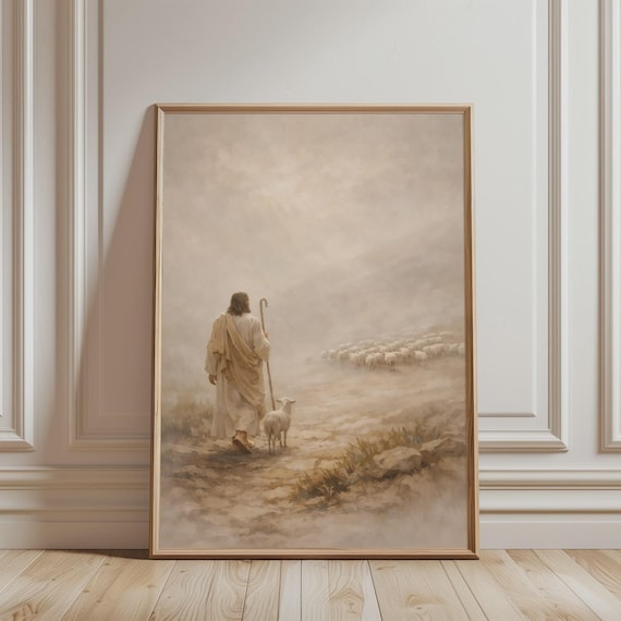 Jesus The Good Shepherd With Sheep Misty Pastoral Christian Poster