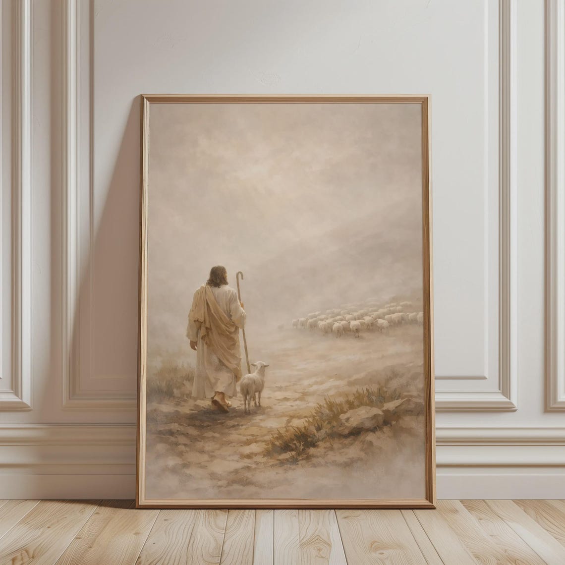 Jesus The Good Shepherd With Sheep Misty Pastoral Christian Poster