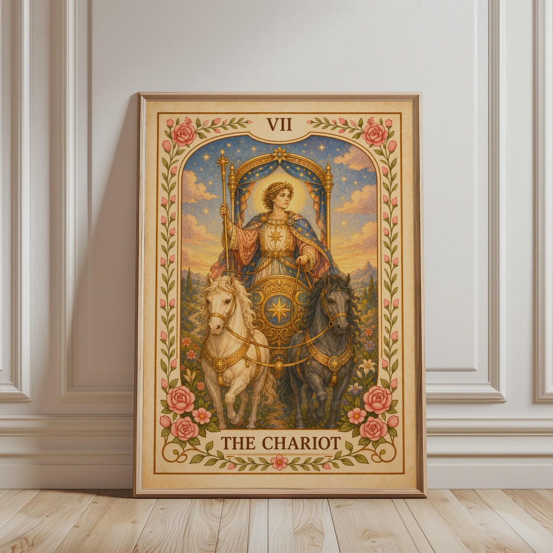 The Chariot Tarot Card Print Floral Boho Mystic Horse Drawn Scene