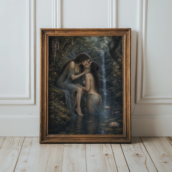 Romantic Sapphic Couple Waterfall Lake Classical Love Art Print