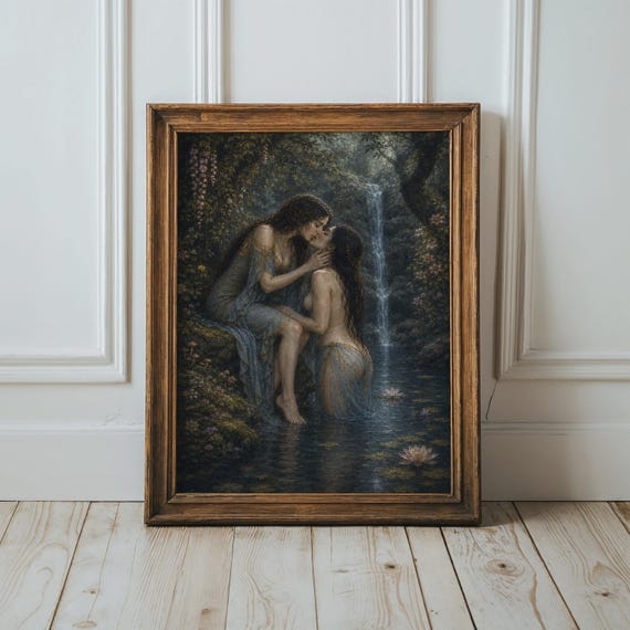 Sapphic Wall Art Kissing Lesbian Couple In Lake Print Romantic Fantasy Water Nymph Artwork Moody Poster Dark Academia Home Decor