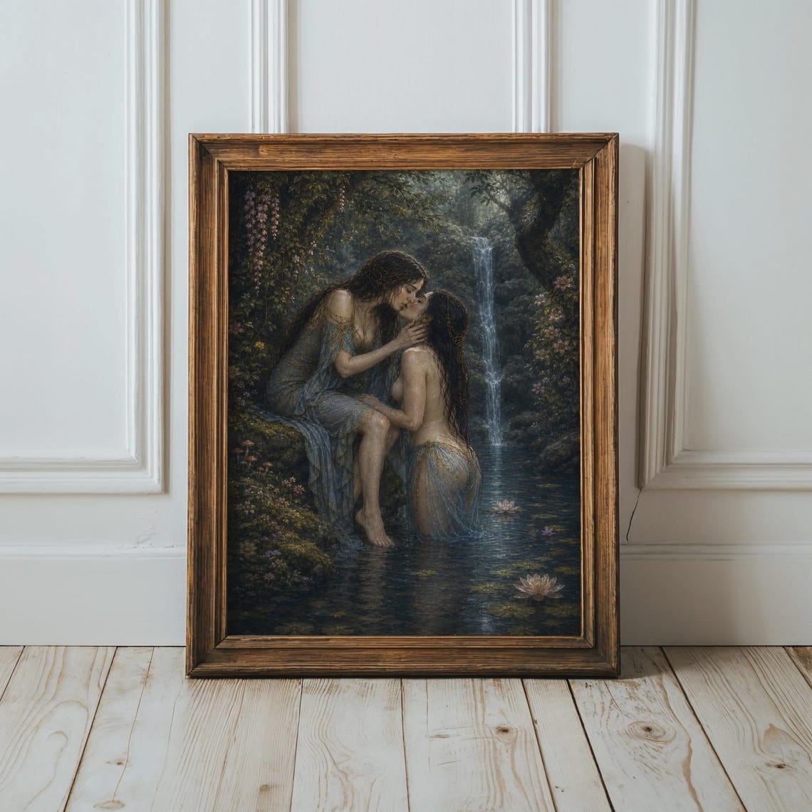 Romantic Sapphic Couple Waterfall Lake Classical Love Art Print