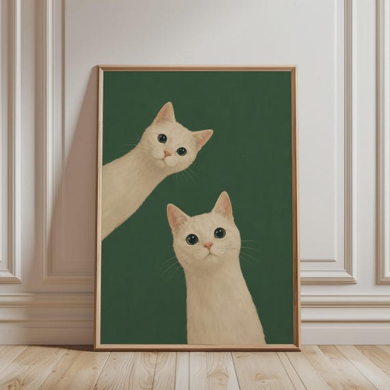 Trendy Wall Art Curious White Cats Print Minimalist Cute Retro Cat Artwork Cozy Funny Animal Poster For Living Room Farmhouse Decor
