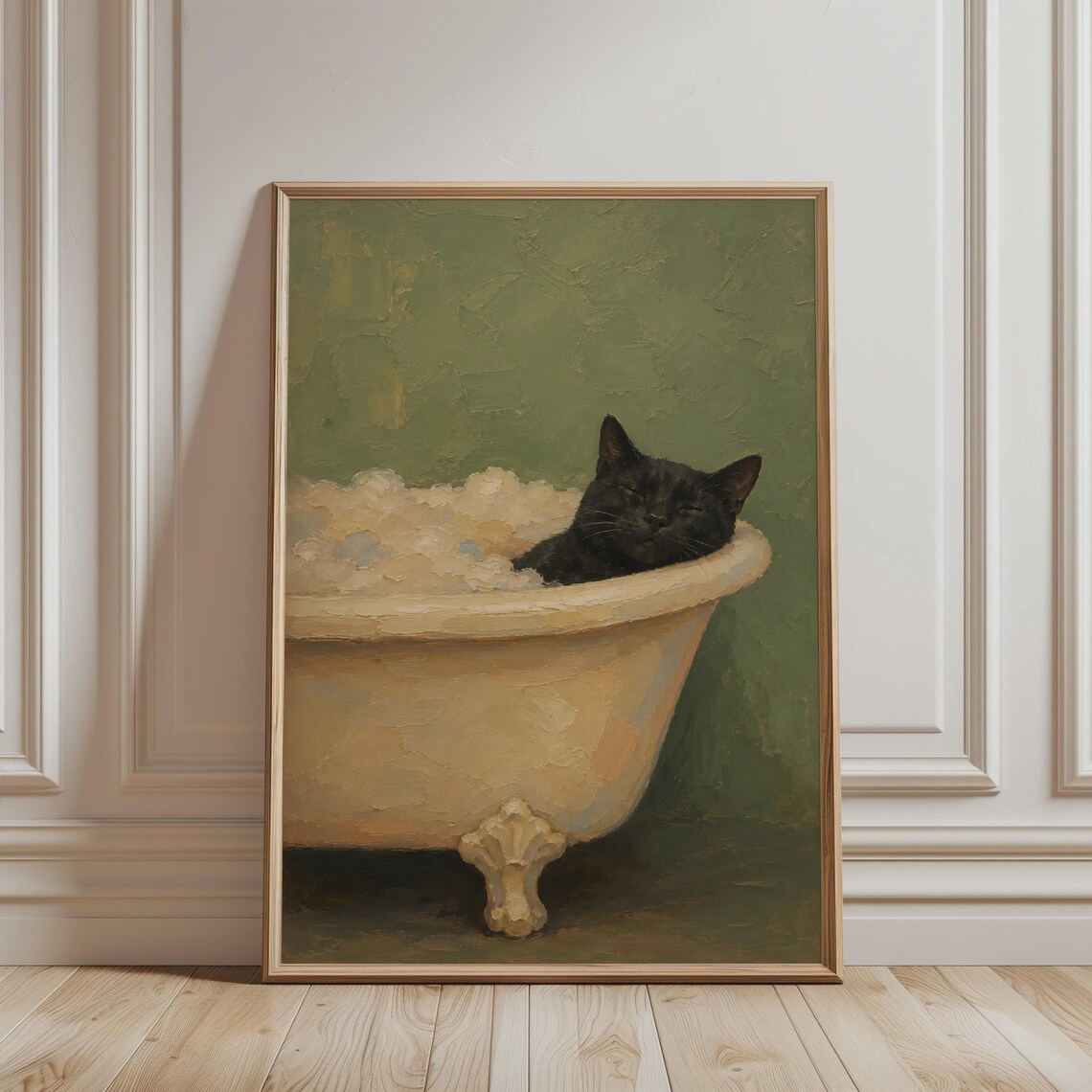 Black Cat Bath Poster, Vintage Bathroom Animal Print