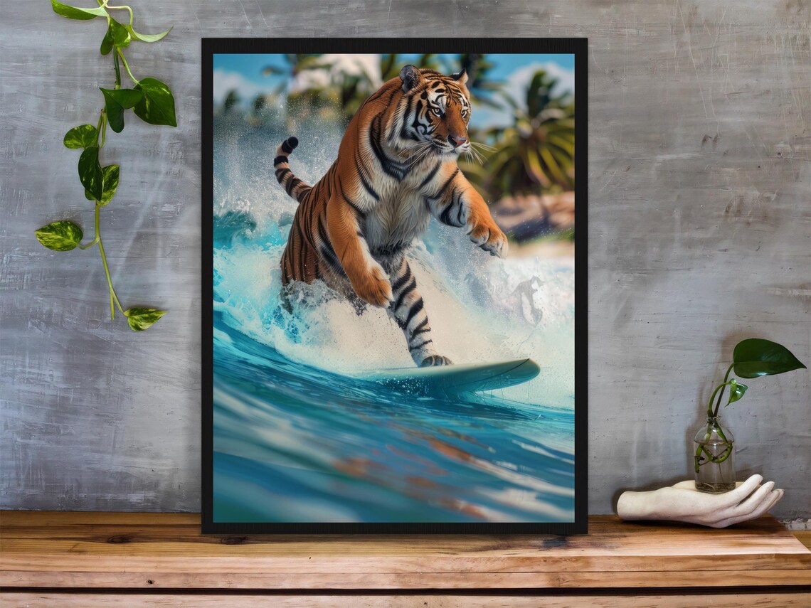 Tiger Print Surfing Funny Animal Poster - Image 2
