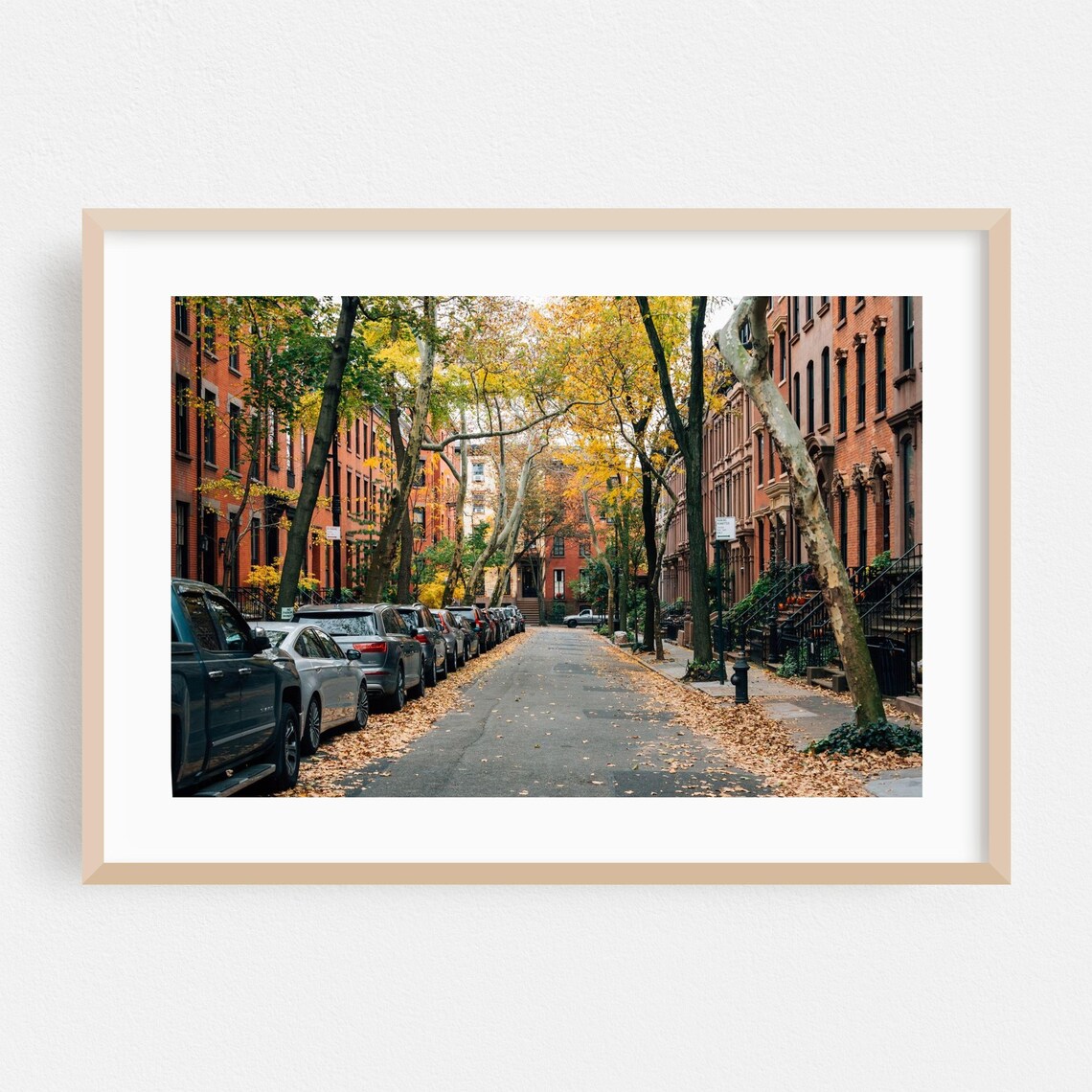 New York Autumn Street Brownstones Fall Leaves Photo Art Print