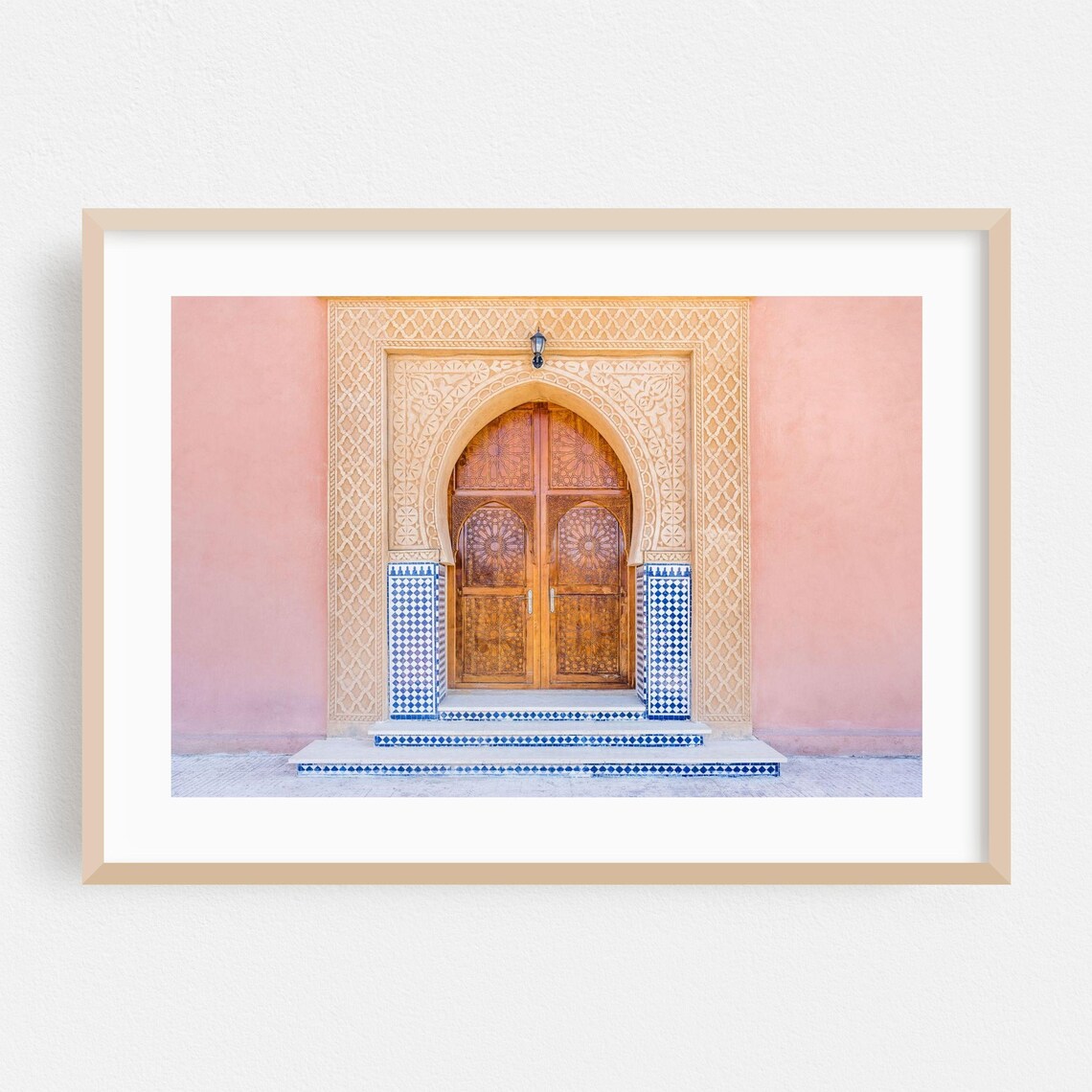 Moroccan Hand Carved Wooden Door With Blue Mosaic Tiles Travel Poster