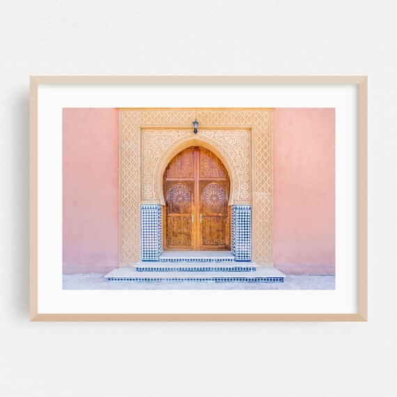 Moroccan Hand Carved Wooden Door With Blue Mosaic Tiles Travel Poster