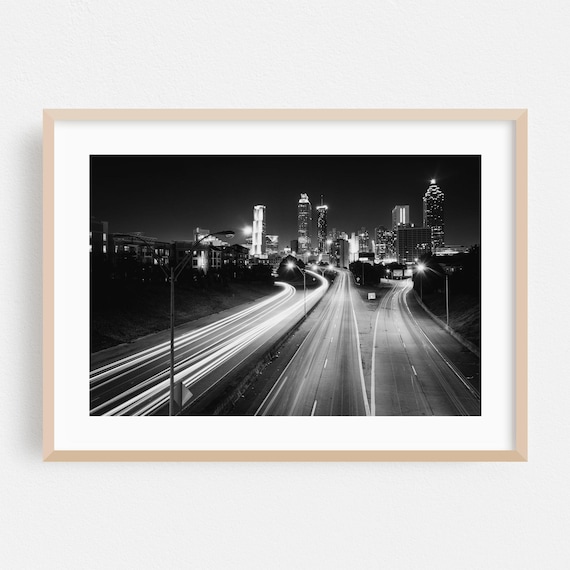 Atlanta Night Skyline Black and White Highway Light Trails Poster