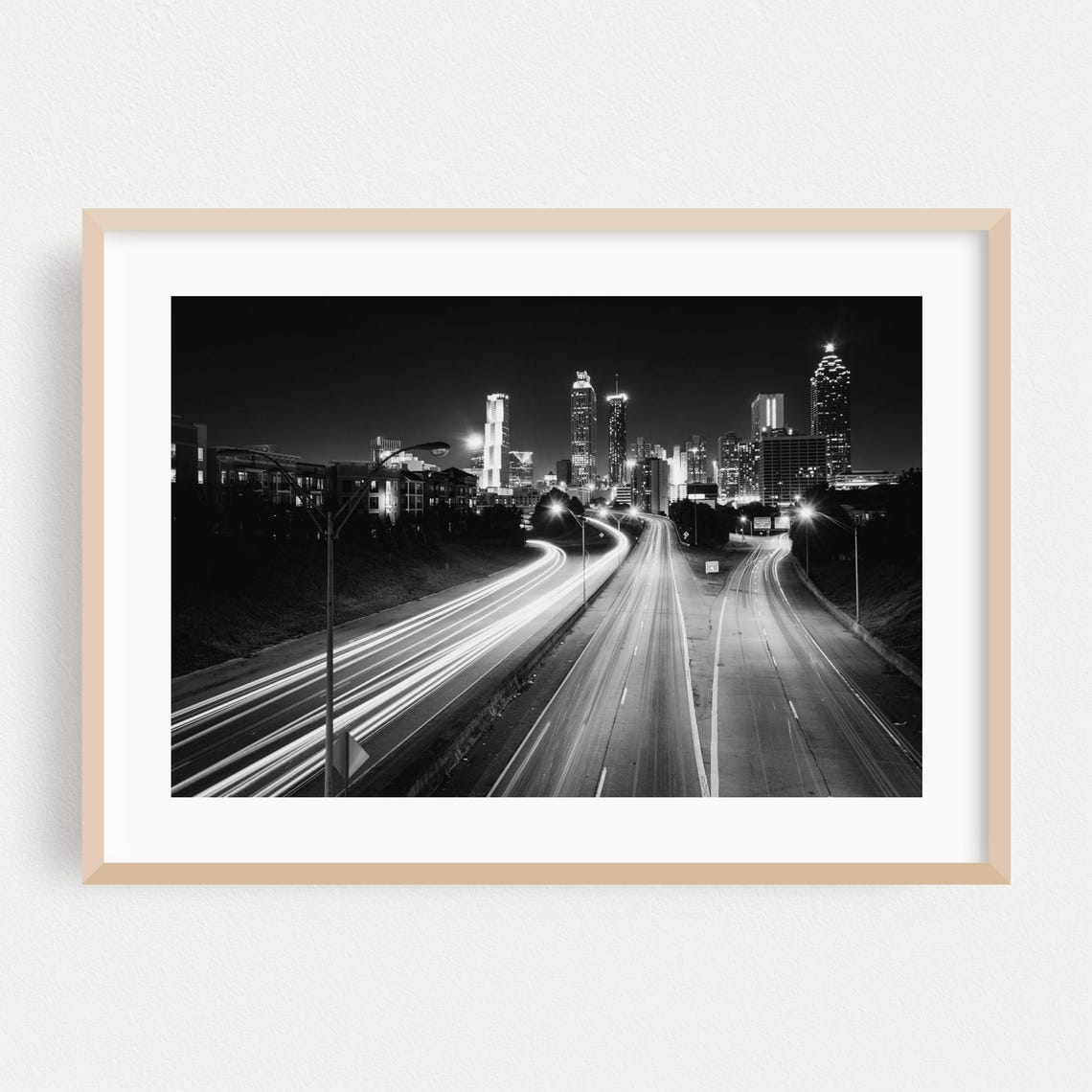 Atlanta Night Skyline Black and White Highway Light Trails Poster