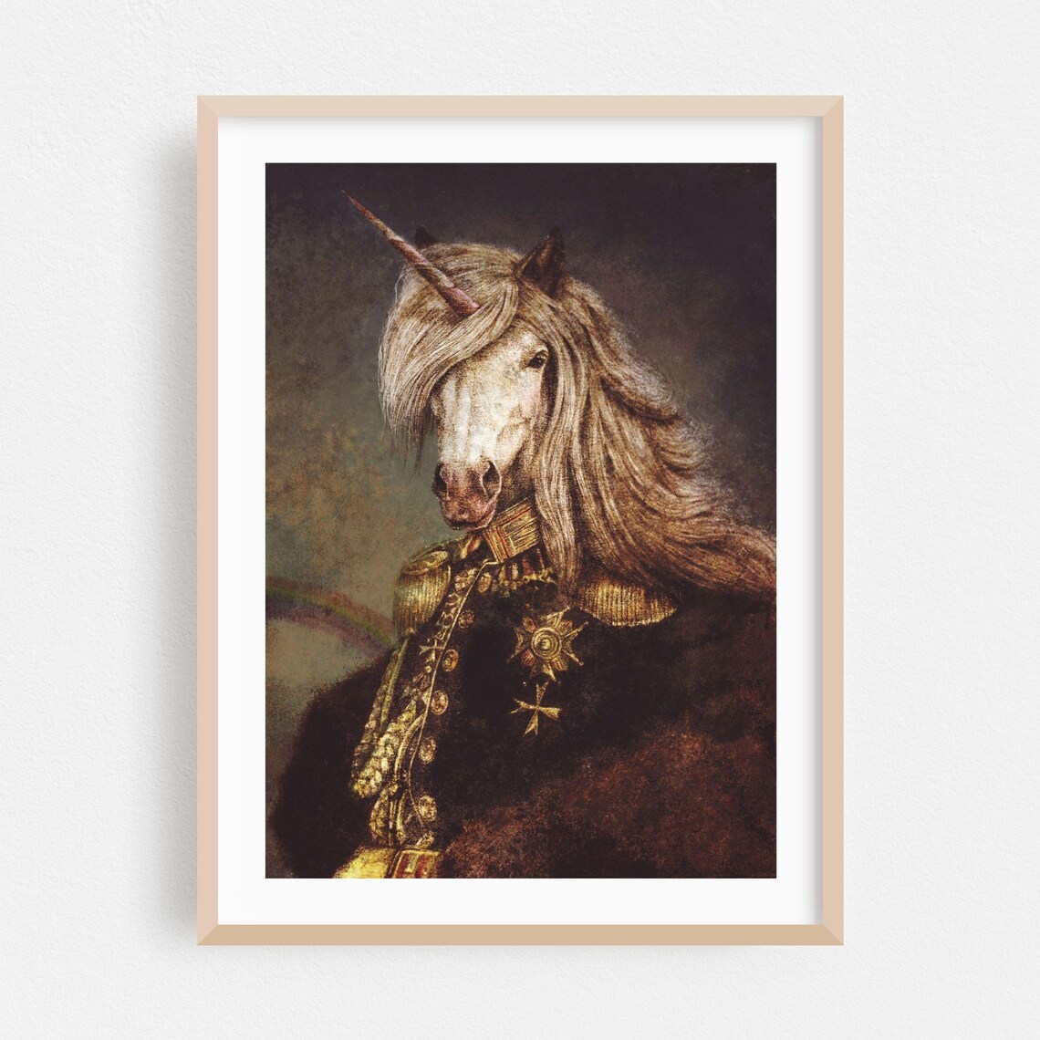 Unicorn In Military Uniform Fantasy Oil Portrait Humor Poster