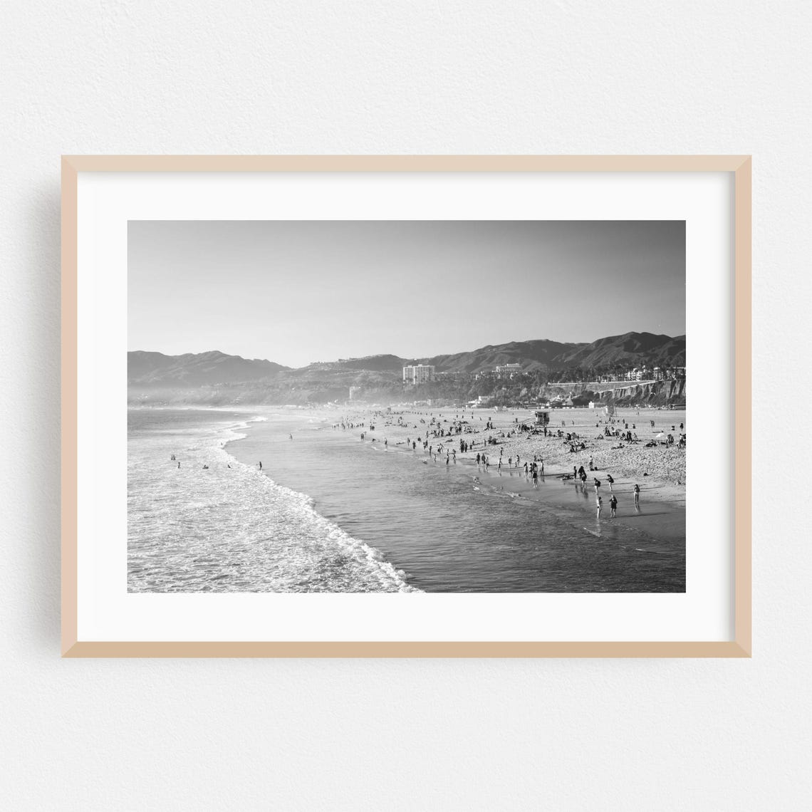 Los Angeles Beach Crowd Shore Black and White Photography Poster