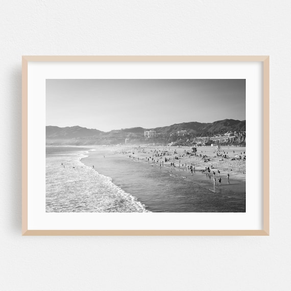 Los Angeles Beach Crowd Shore Black and White Photography Poster