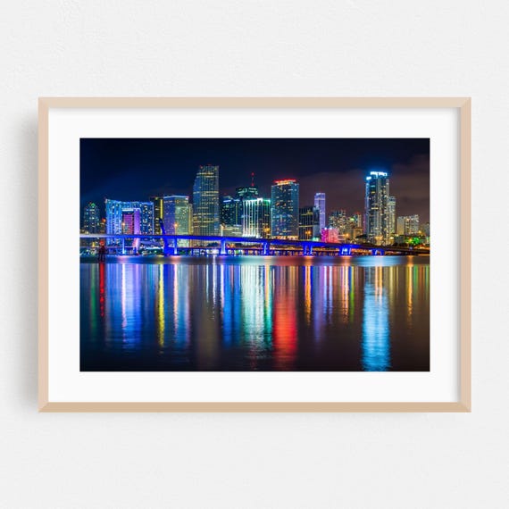 Miami Florida Skyline Travel Poster, Nightlife Cityscape