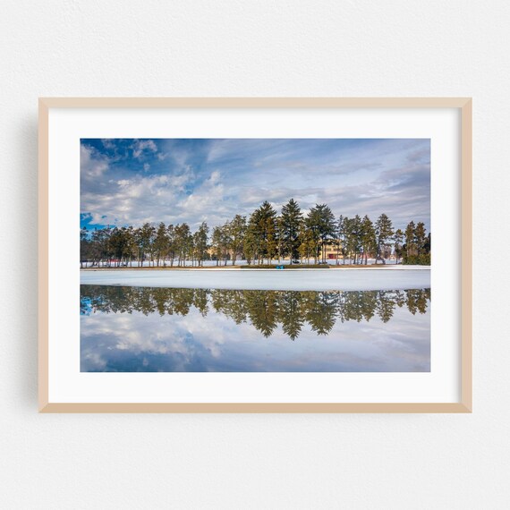 Winter Frozen Lake Pine Tree Mirror Reflection Landscape Photography Poster