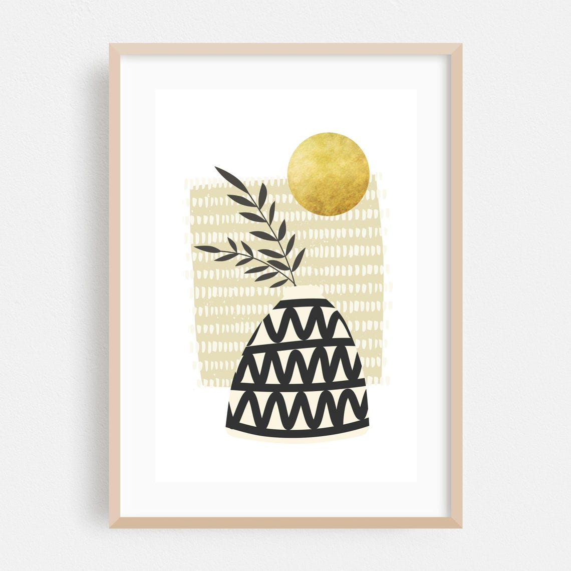 Minimalist Abstract Geometric Vase With Gold Sun Boho Art Poster