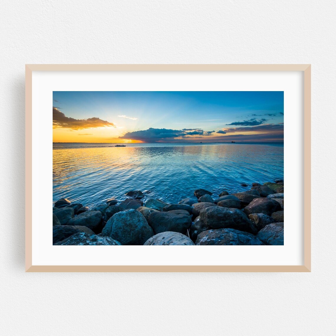 Sunset Over the Ocean with Rocky Shoreline Coastal Photography Poster