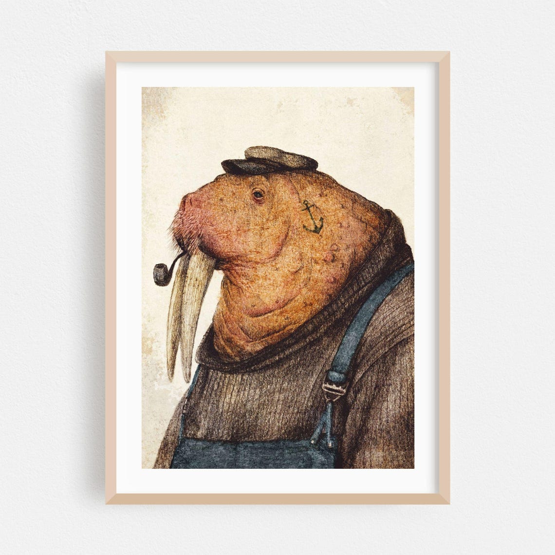 Sailor Walrus With Pipe And Anchor Tattoo Vintage Humor Wall Art