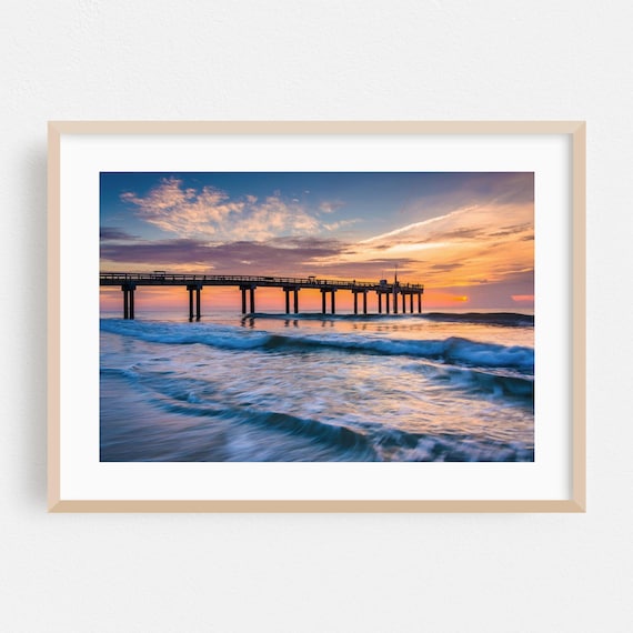 Florida Pier Sunset Waves Silhouette Ocean Beach Scene Wall Art