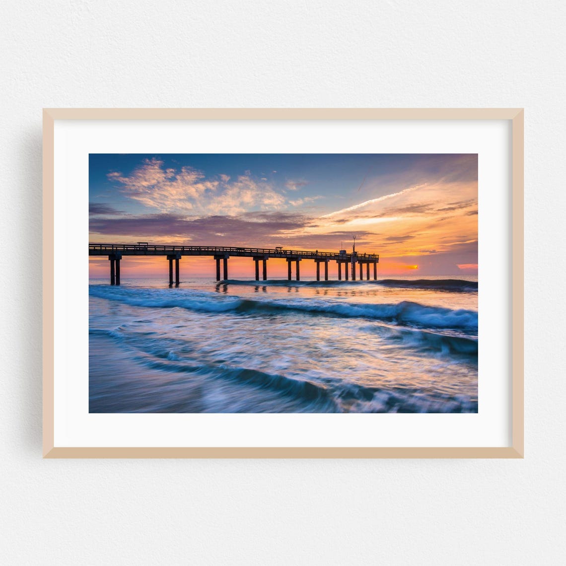 Florida Pier Sunset Waves Silhouette Ocean Beach Scene Wall Art