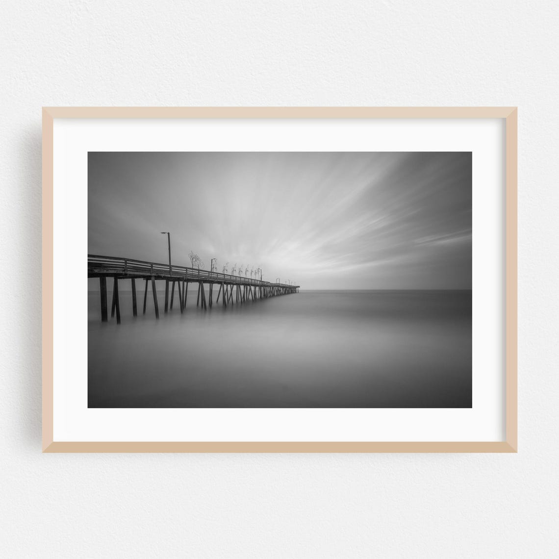 Virginia Beach Ocean Pier Long Exposure Black And White Photo Poster