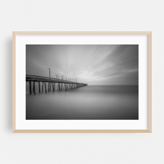 Virginia Beach Ocean Pier Long Exposure Black And White Photo Poster