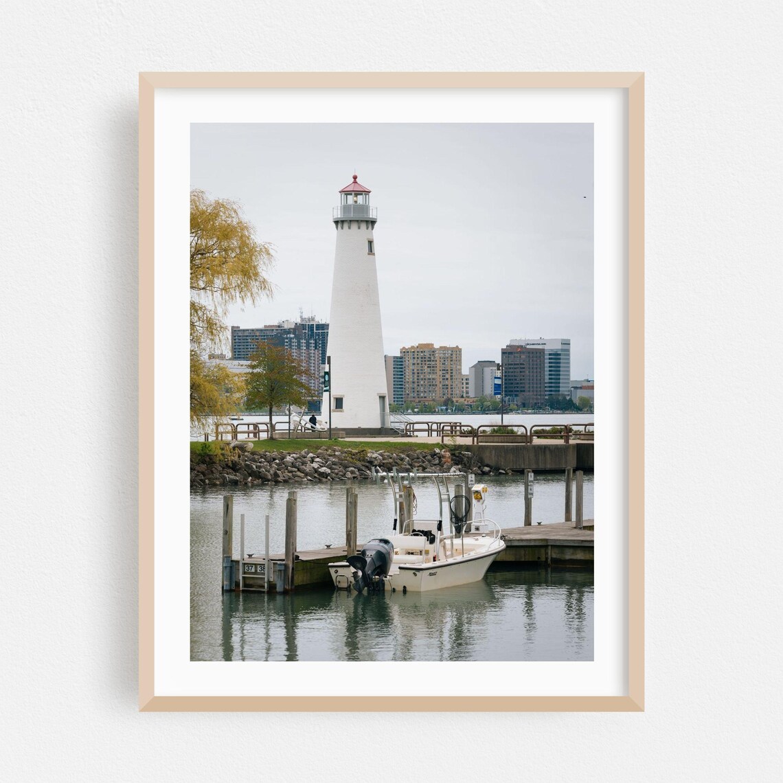White Harbor Lighthouse With Docked Boat City Skyline Photography Poster