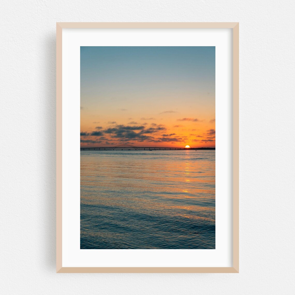 New York Ocean Sunset Bridge Silhouette Coastal Scenic Art Poster