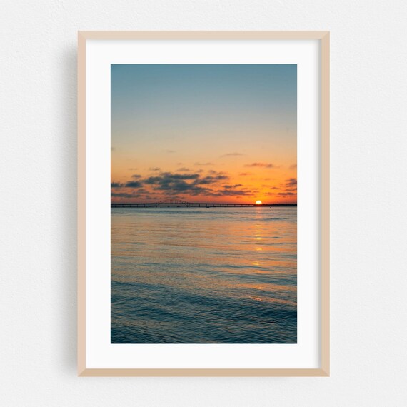 New York Ocean Sunset Bridge Silhouette Coastal Scenic Art Poster