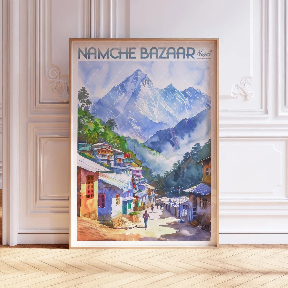 Namche Bazaar Nepal Himalayan Village Watercolor Travel Poster