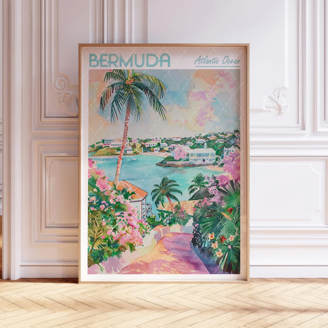 Bermuda Travel Poster Tropical Harbor Palm Trees And Pink Flowers