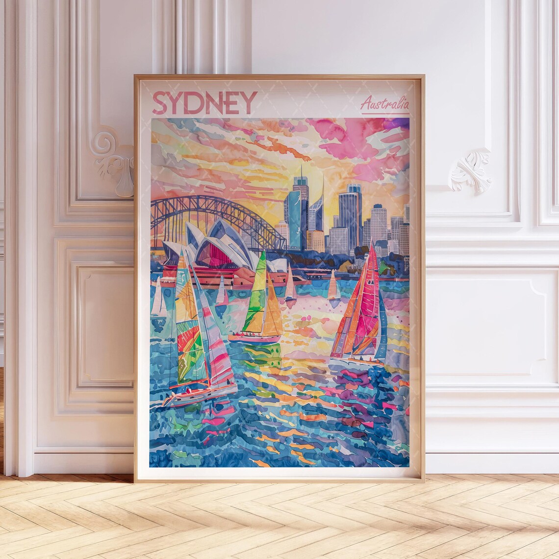 Sydney Australia Travel Poster Opera House Bridge And Sunset Sailboats
