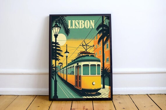 Lisbon Portugal Yellow Tram at Sunset Vintage Retro Travel Poster