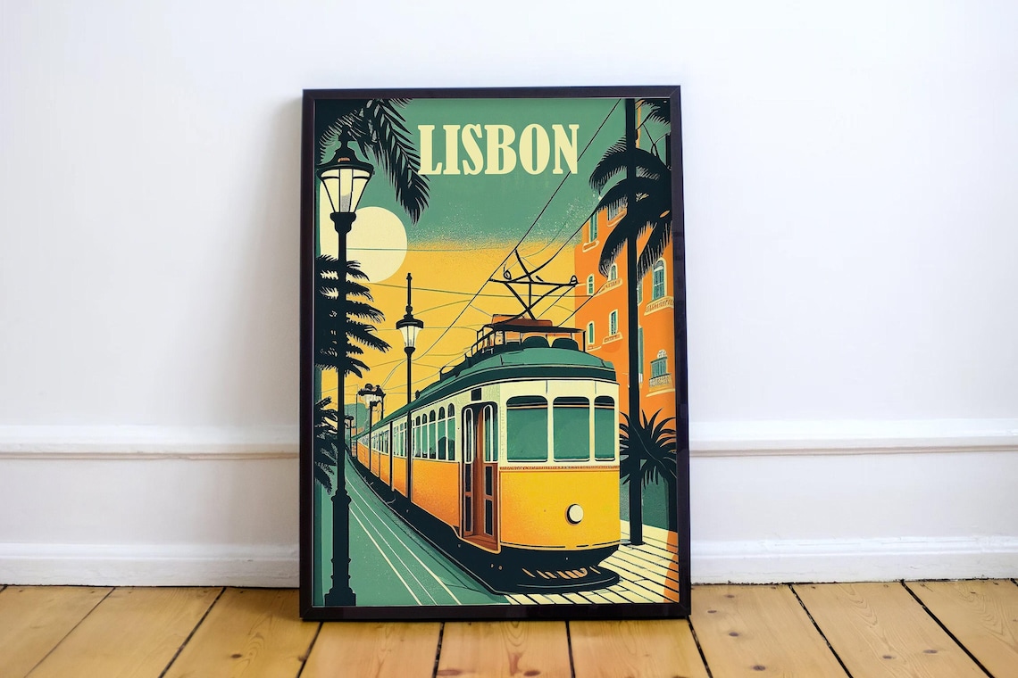 Lisbon Portugal Yellow Tram at Sunset Vintage Retro Travel Poster