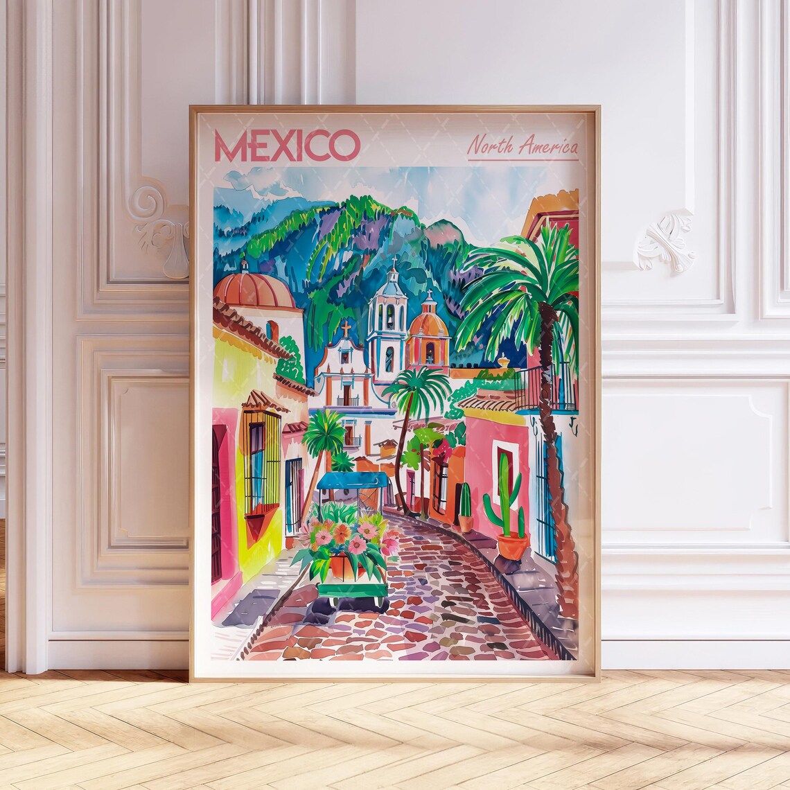 Mexico Watercolor Art Print, Mexican City Travel Poster