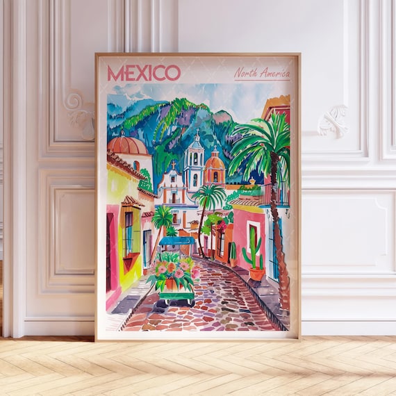 Mexico Watercolor Art Print, Mexican City Travel Poster