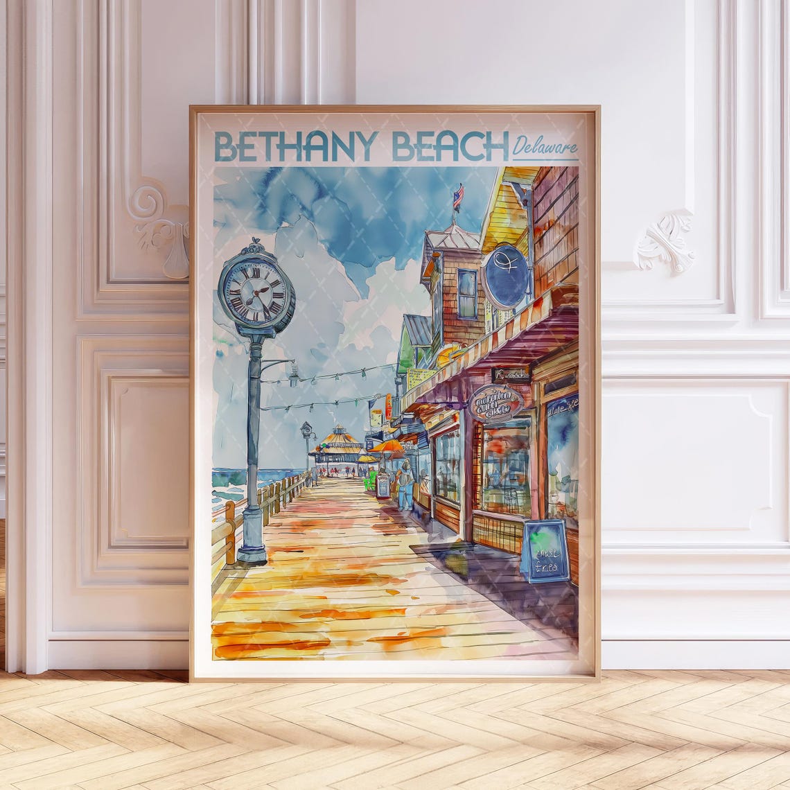 Bethany Beach Delaware Travel Poster Boardwalk Clock Shops Ocean Scene